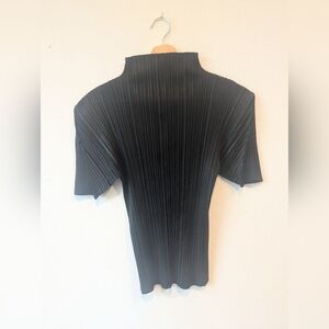 Pleats Please Issey Miyake Black Short Sleeve High Neck Top